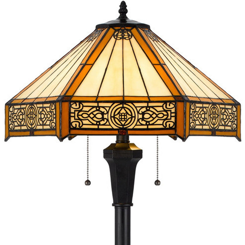 Home Outfitters 60" Bronze Two Light Traditional Shaped Floor Lamp With Orange and Ivory Abstract Tiffany Glass Empire Shade