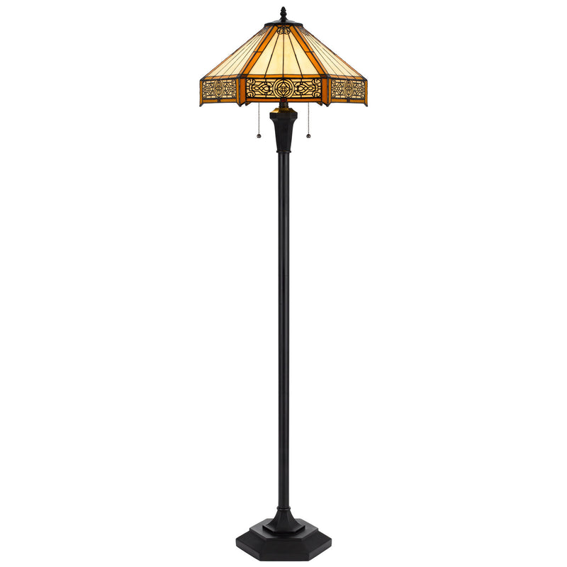 Home Outfitters 60" Bronze Two Light Traditional Shaped Floor Lamp With Orange and Ivory Abstract Tiffany Glass Empire Shade