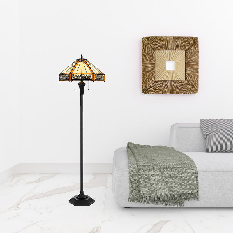 Home Outfitters 60" Bronze Two Light Traditional Shaped Floor Lamp With Orange and Ivory Abstract Tiffany Glass Empire Shade
