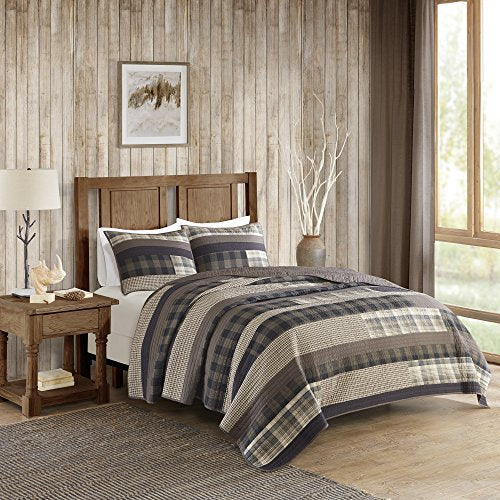 Woolrich 100% Cotton Quilt Reversible Plaid Cabin Lifestyle Design All Season, Breathable Coverlet Bedspread Bedding Set, Matching Shams, King/Cal King, Winter Plains, Taupe, 3 Piece