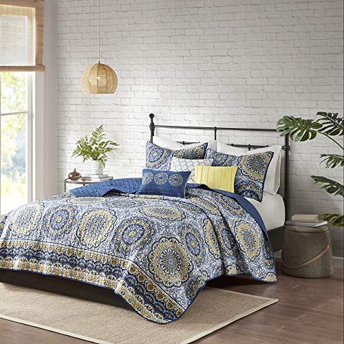 Madison Park Quilt Classic Damask Medallion Design All Season, Breathable Coverlet Bedspread, Lightweight Bedding Set, Shams, Decorative Pillow, King/Cal King, Tangiers, Blue, 6 Piece