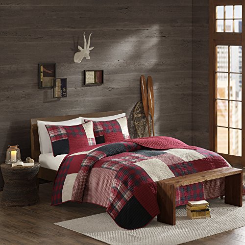 Woolrich 100% Cotton Quilt Reversible Cabin Lifestyle Design All Season, Breathable Coverlet Bedspread Bedding Set, Matching Shams, King/Cal King(110"x96"), Plaid Red, 3 Piece