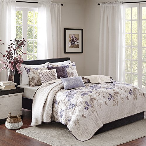 Madison Park Quilt Modern Classic Design All Season, Breathable Coverlet Bedspread Lightweight Bedding Set, Matching Shams, Decorative Pillow, King/Cal King(104"x94"), Luna, Floral Taupe, 6 Piece
