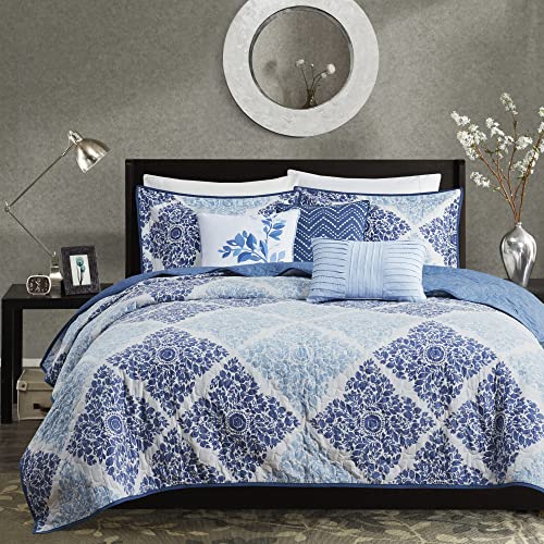 Madison Park Claire Quilt Modern Design - All Season, Breathable Coverlet Bedspread Lightweight Bedding Set, Matching Shams, Decorative Pillow, Full/Queen (90 in x 90 in), Diamond Blue 6 Piece
