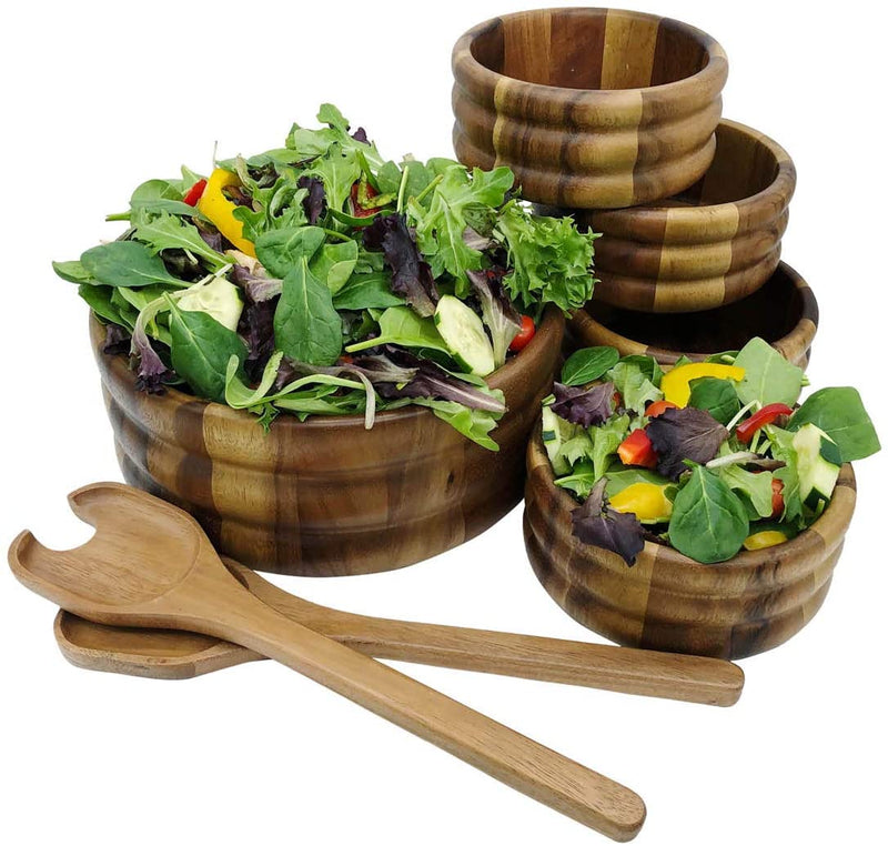 Kalmar Home 7 Piece - Extra Large Wooden Salad Bowl with 4 Individual Bowls and 2 Piece Serving Utensils
