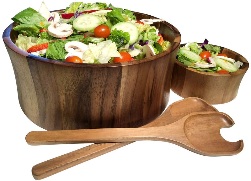 Kalmar Home 12-Inch Acacia Wood Curved Extra Large Salad Bowl with Servers