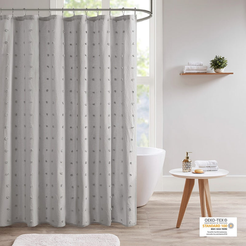 Home Outfitters Grey 100% Cotton Jacquard Pom Pom Shower Curtain 70"W x 72"L, Shower Curtain for Bathrooms, Casual