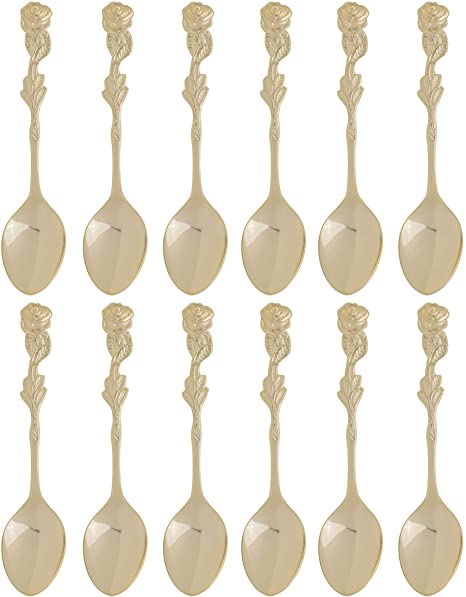 Harold Import Co. 9/12, Gold Plated Stainless Steel, Demi Spoon Set, Rose Design, Set of 12