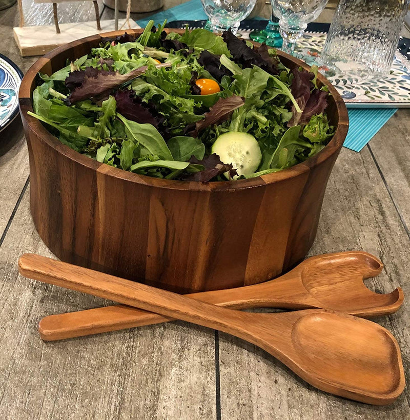 Kalmar Home Extra Large Acacia Wood Salad Bowl with 2 Serving Utensils, Brown