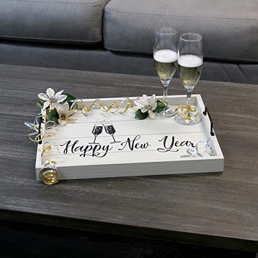 Elegant Designs Decorative Wood Serving Tray w/ Handles, 15.50" x 12", Light Gray Happy New Year (HG2000-GNY)