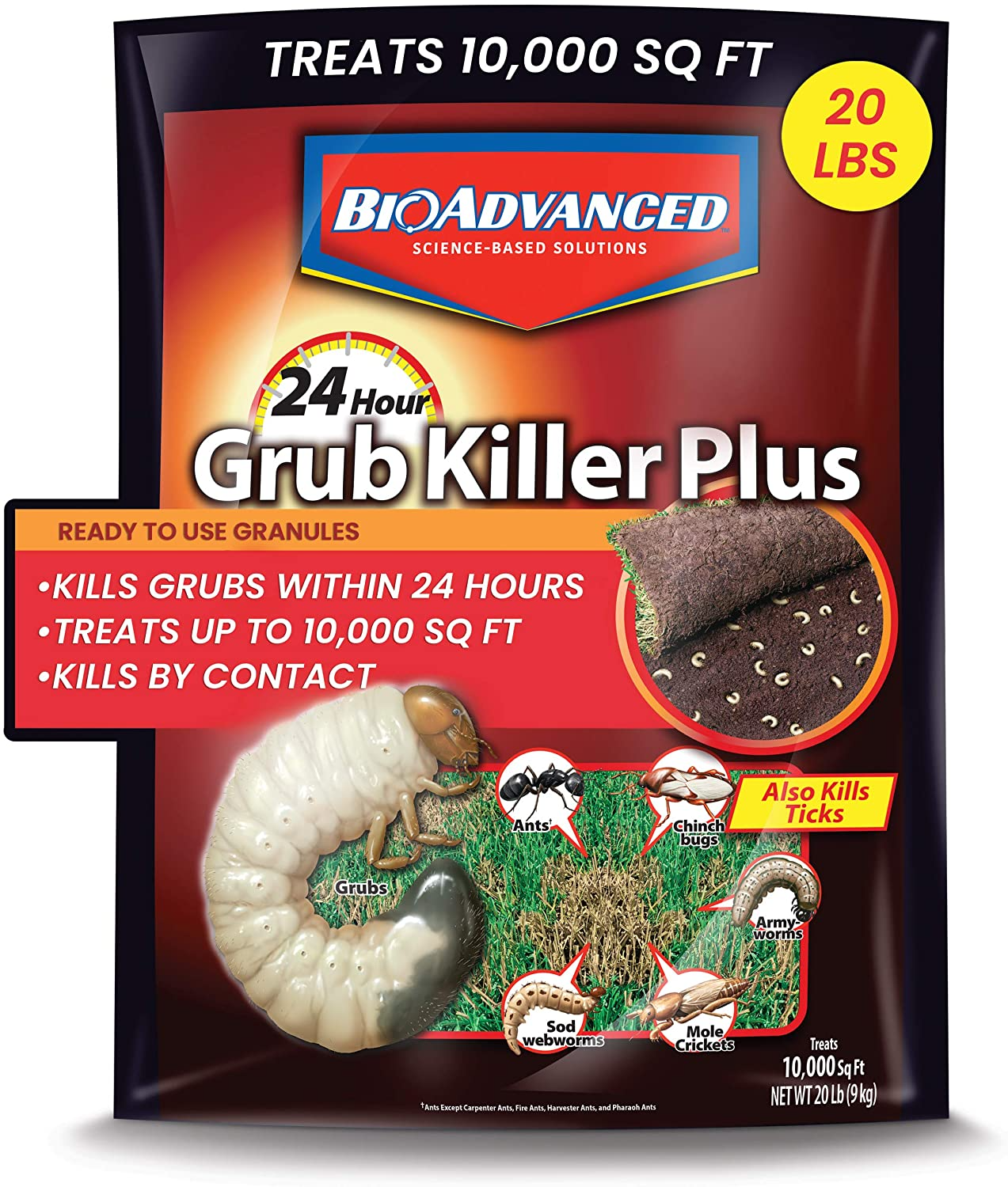 BioAdvanced, Granules, 700745S 24 Hour Grub Killer Plus, 20Pound, 10