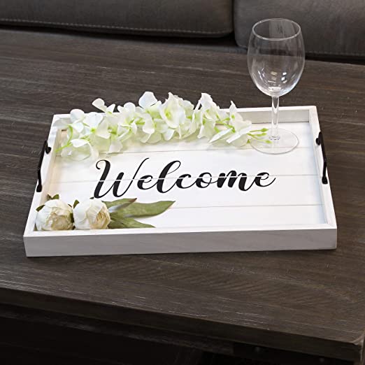 Elegant Designs, 15.50" x 12", Decorative Wood Serving Tray w/Handles, White Wash Welcome