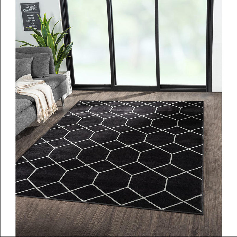 Home Outfitters Black/Cream Trellis Geometric Woven Area Rug 6x9&
