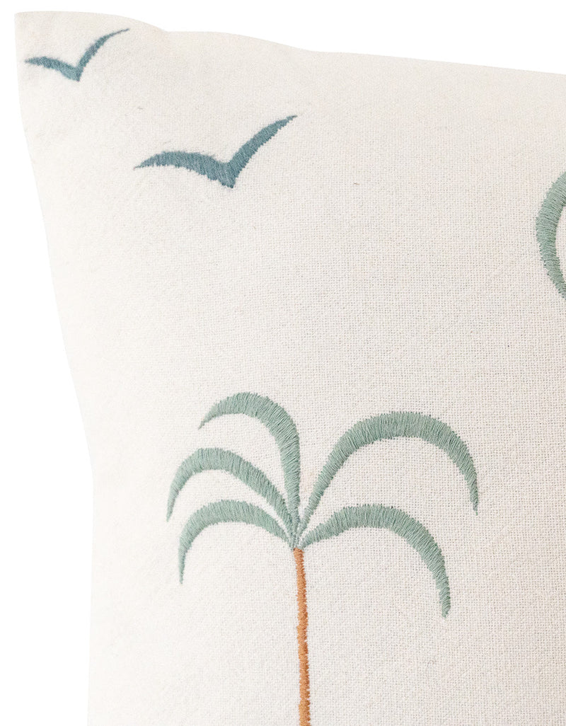 Palm Tree + Birds Embroidered Cotton Pillow