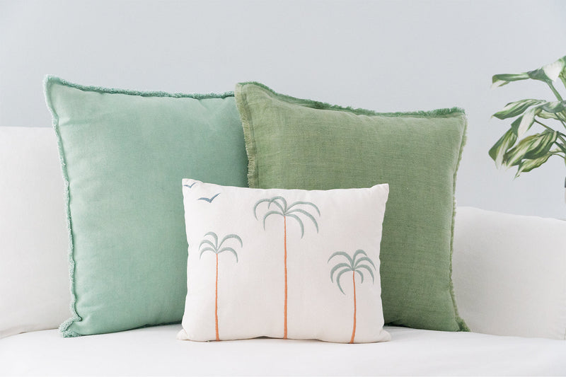 Palm Tree + Birds Embroidered Cotton Pillow