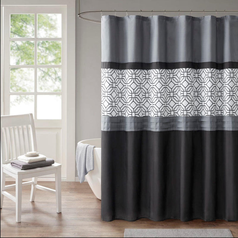 Home Outfitters Black/Grey  Microfiber Embroidery Pieced Shower Curtain 72"W x 72"L, Shower Curtain for Bathrooms, Transitional