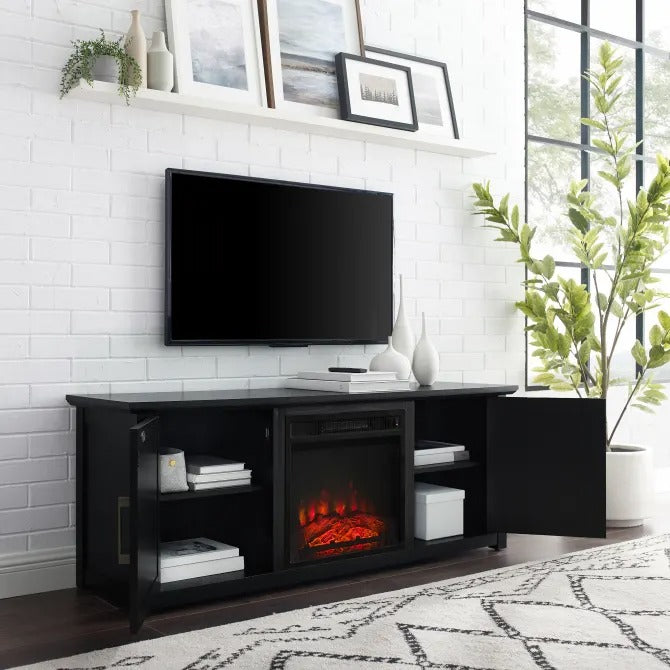 Crosley Furniture Camden 58-inch Low Profile TV Stand with Electric Fireplace, Black