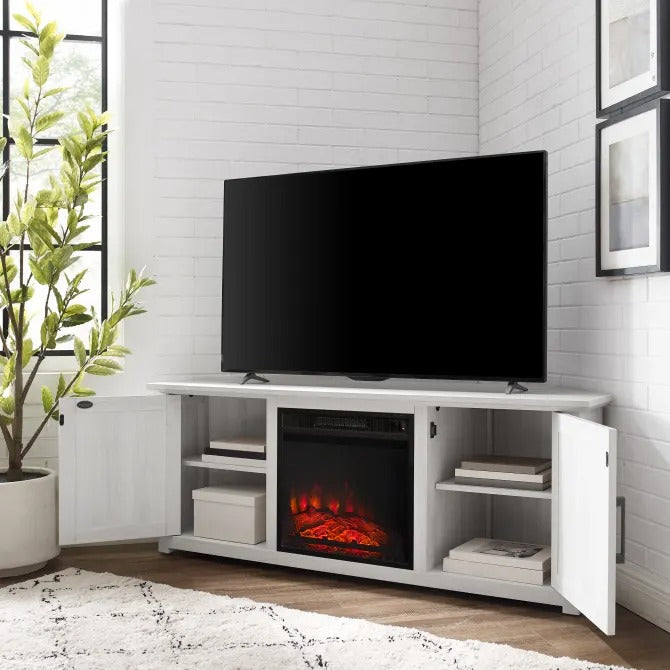 Crosley Furniture Camden 58" Corner Tv Stand with Fireplace Whitewash