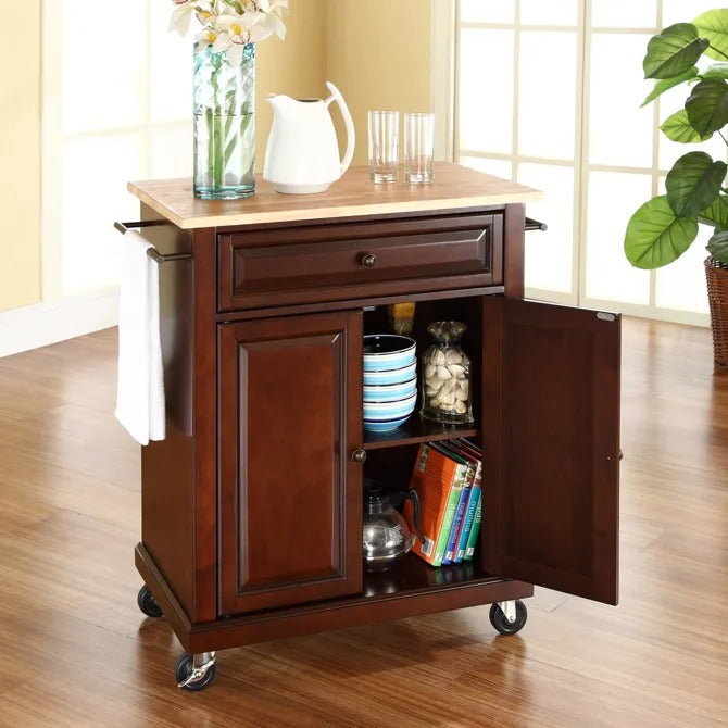 Crosley Furniture Compact Wood Top Kitchen Cart in Mahogany Color
