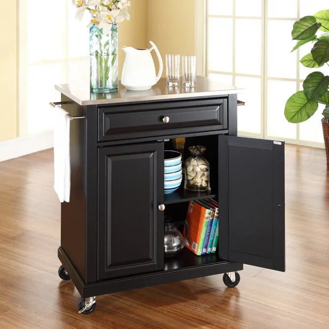 Crosley Furniture Compact Stainless Steel Top Kitchen Cart in Black Color