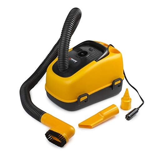 Wagan EL7205 12V Wet/Dry Auto Vacuum Cleaner for Vehicles with 40-inch Flexible Hose and 3 Nozzles, Inflate Function for Pool Toys, Air Mattress, Yellow, Black
