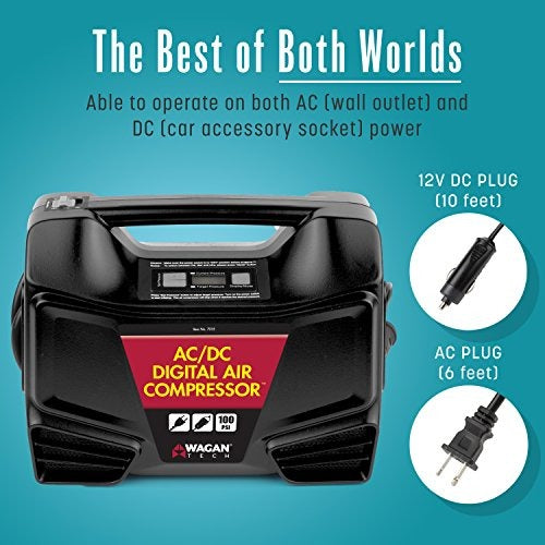Wagan EL7315 Digital Display Dual AC/DC 110V/12V Air Compressor Tire Inflator with Nozzle Adapters for Vehicle Outdoor and Home Indoor Use, Black