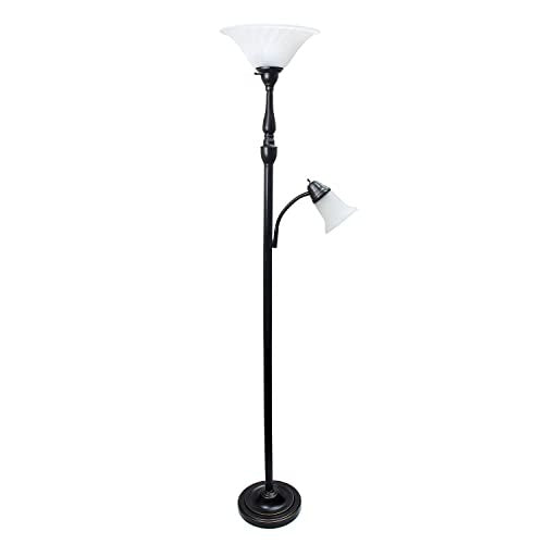 Torchiere Floor Lamp with Reading Light and Marble Glass Shades, Restoration Bronze