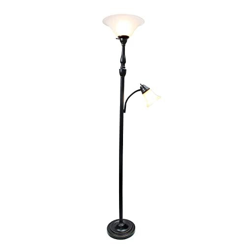 Torchiere Floor Lamp with Reading Light and Marble Glass Shades, Restoration Bronze