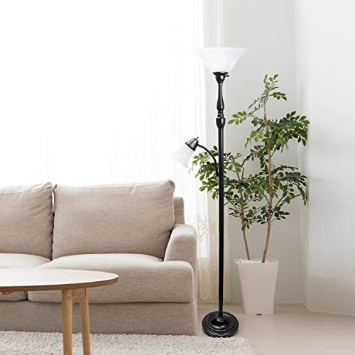 Torchiere Floor Lamp with Reading Light and Marble Glass Shades, Restoration Bronze