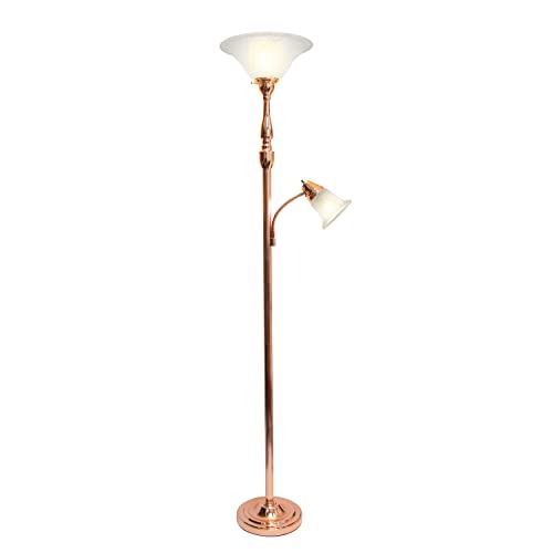Torchiere Floor Lamp with Reading Light and Marble Glass Shades, Rose Gold