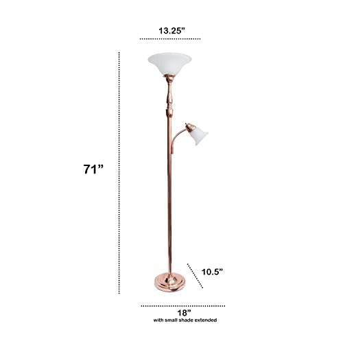 Torchiere Floor Lamp with Reading Light and Marble Glass Shades, Rose Gold