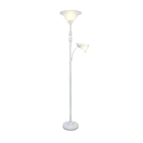 Torchiere Floor Lamp with Reading Light and Marble Glass Shades, White