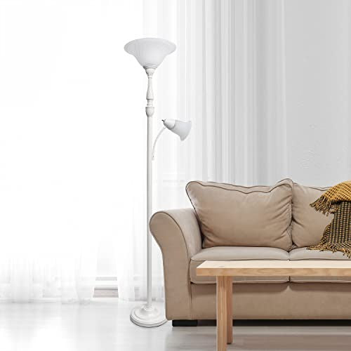 Torchiere Floor Lamp with Reading Light and Marble Glass Shades, White