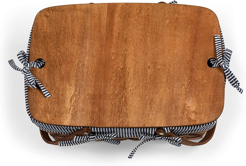 Kansas Handwoven Wood Picnic Basket, (Navy Blue & White Stripe)