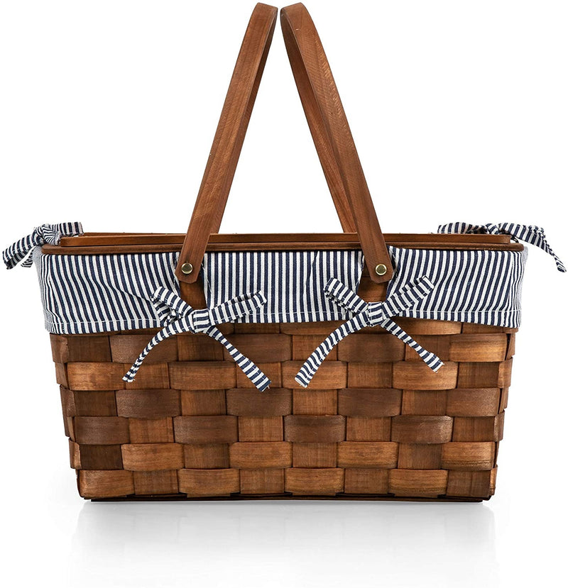 Kansas Handwoven Wood Picnic Basket, (Navy Blue & White Stripe)