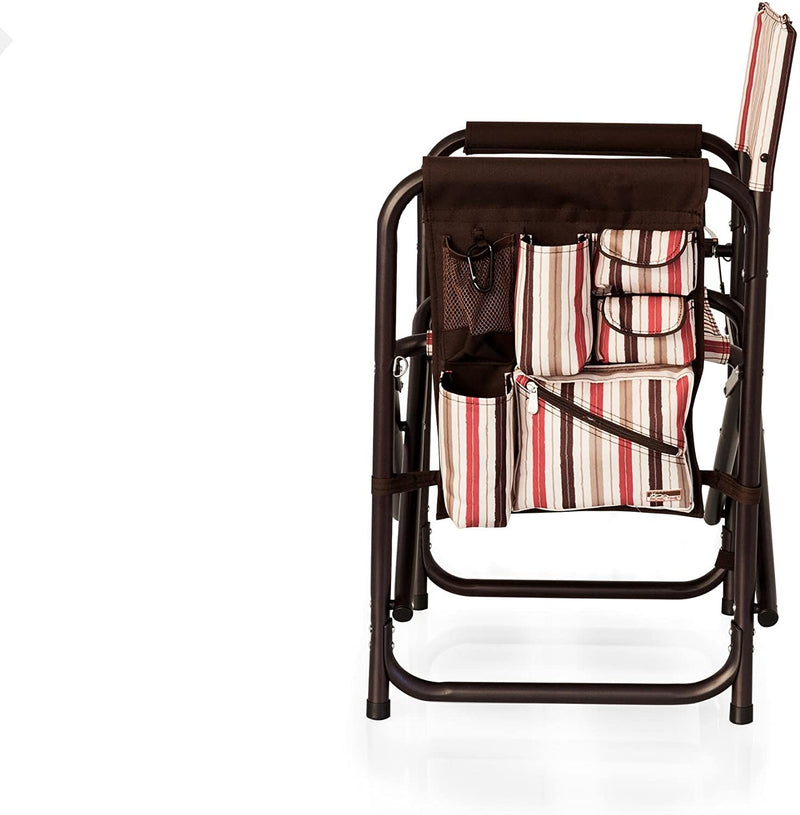 Sports Chair with Side Table - Beach Chair - Camp Chair for Adults, (Moka - Brown with Beige & Red Accents)