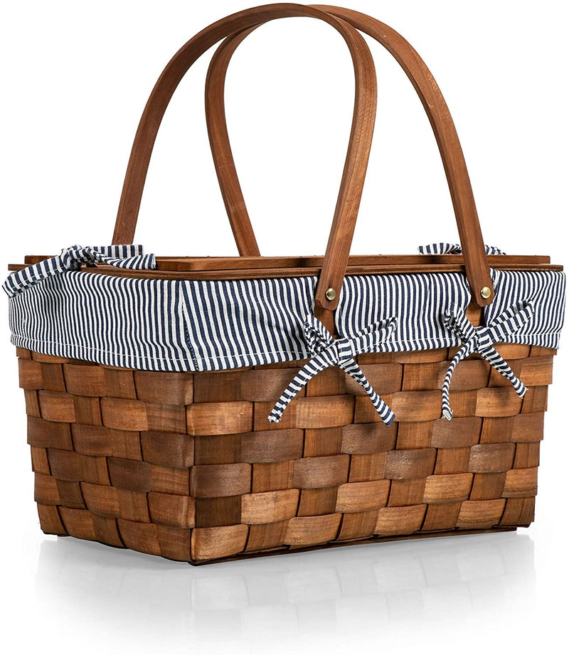 Kansas Handwoven Wood Picnic Basket, (Navy Blue & White Stripe)
