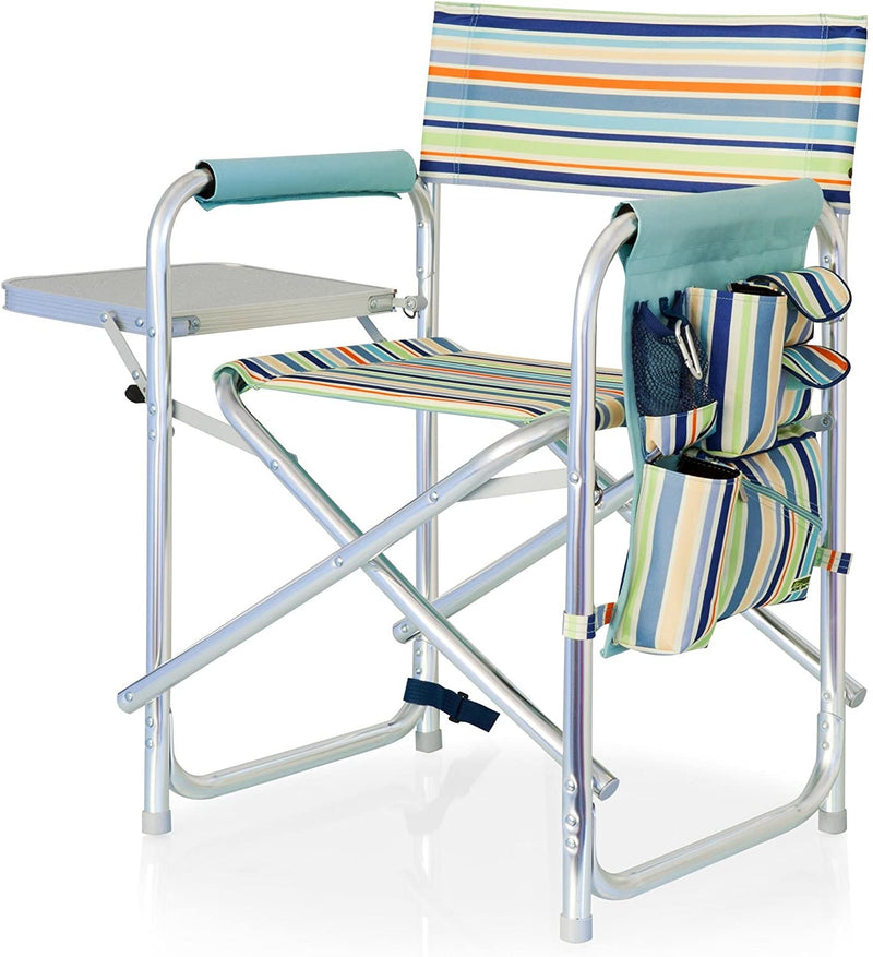 Sports Chair with Side Table - Beach Chair - Camp Chair for Adults, (St. Tropez - Sky Blue Multi Stripe)