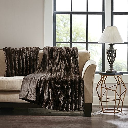 Madison Park Duke Luxury Faux Fur Square Throw Pillow Premium Soft Cozy for Bed, Coach or Sofa, 20x20, Chocolate