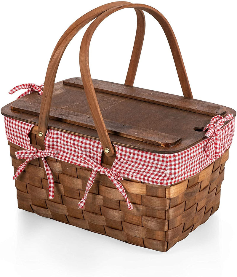 Kansas Handwoven Wood Picnic Basket, (Red & White Gingham Pattern)