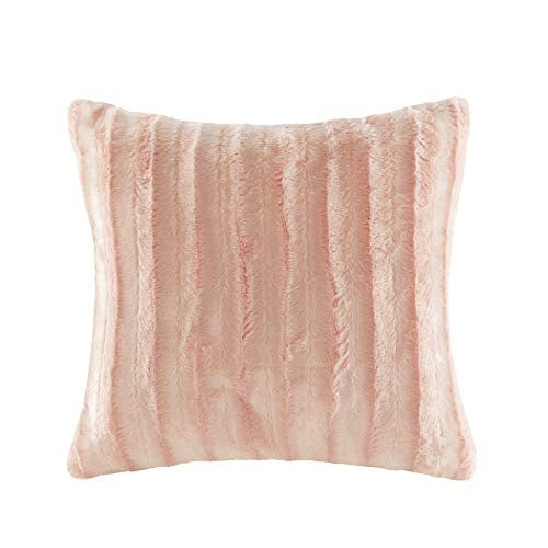 Madison Park Duke Luxury Faux Fur Square Throw Pillow Premium Soft Cozy For Bed, Coach or Sofa, 20x20, Blush
