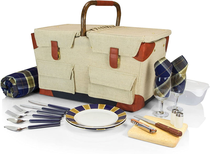 Picnic Time Pioneer Original Design Picnic Basket with Deluxe Service for Two, Tan/Navy