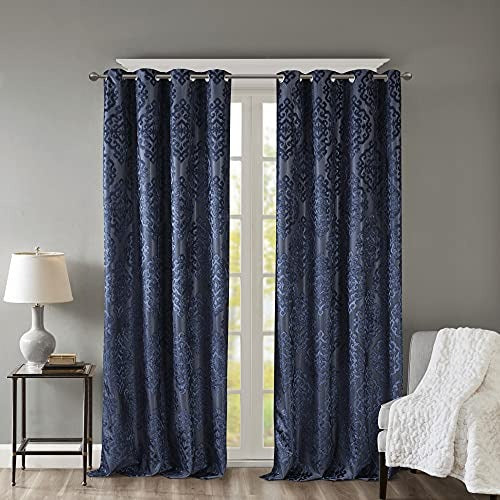 SunSmart Mirage 100% Total Blackout Single Window Curtain, Knitted Jacquard Damask Room Darkening Curtain Panel with Grommet Top, 50x108, Navy