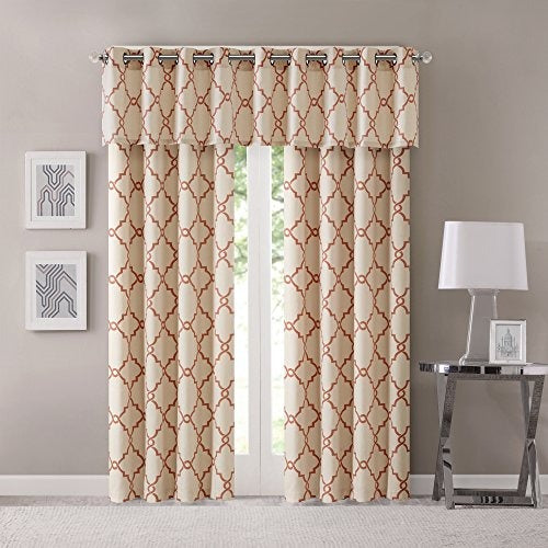 Madison Park Saratoga Window Curtain Light Filtering Fretwork Print 1 Panel Grommet Top Drapes/Valance for Living Room Bedroom and Dorm, 50 x 18 in, Spice