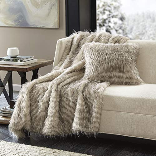Akro-Mils Edina Pluffy Faux Fur Mohair Decorate Square Pillow with Insert Luxury for Sofa, Bed, Couch, 20x20, Natural