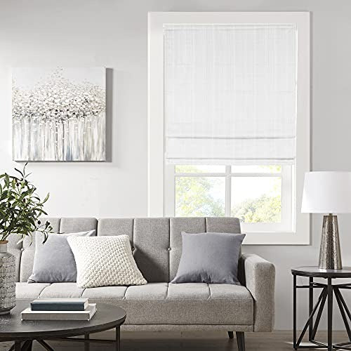 Madison Park Galen Cordless Roman Shades - Fabric Privacy Panel Darkening, Energy Efficient, Thermal Insulated Window Blind Treatment, for Bedroom, Living Room Decor, 27" x 64", White