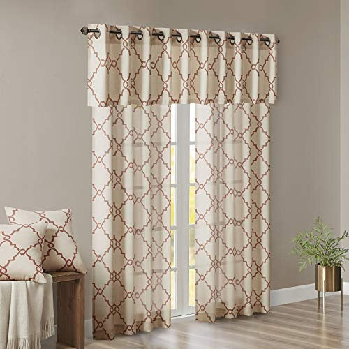 Madison Park Saratoga Window Curtain Light Filtering Fretwork Print 1 Panel Grommet Top Drapes/Valance for Living Room Bedroom and Dorm, 50 x 18 in, Spice
