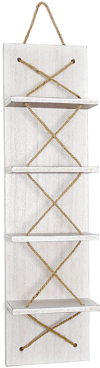 HomePlace Nautical Rope 4 Bottle Vertical Wall Mounted Wood Wine Rack, White Wash