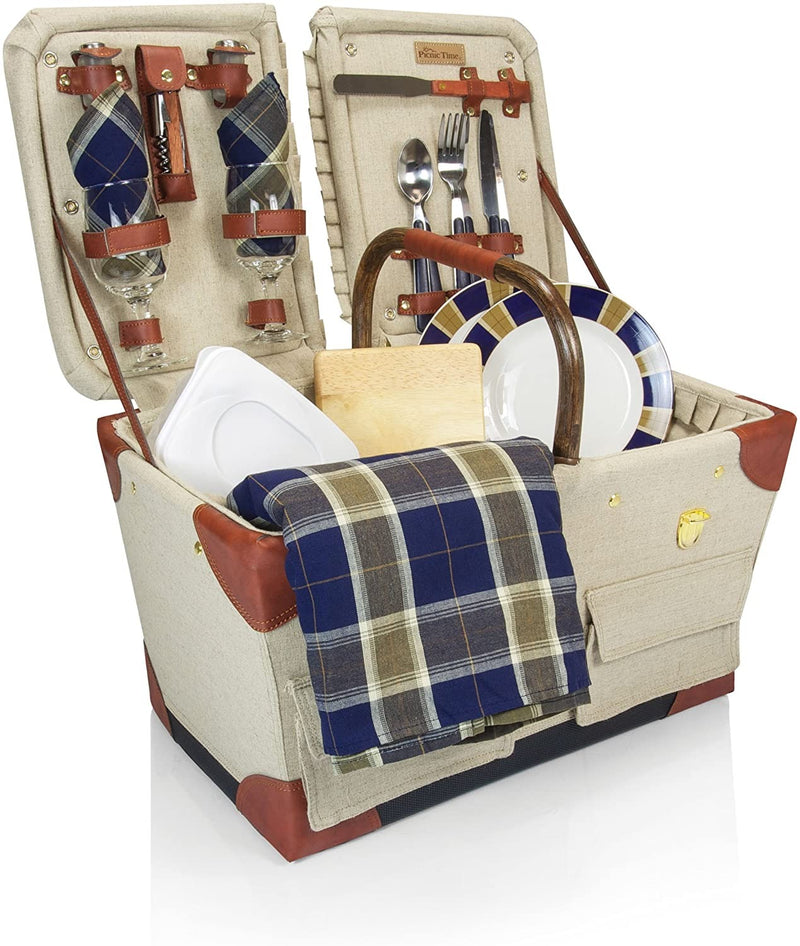 Picnic Time Pioneer Original Design Picnic Basket with Deluxe Service for Two, Tan/Navy