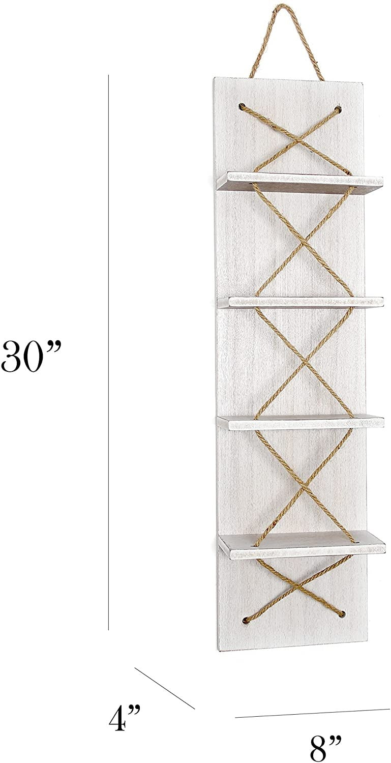 HomePlace Nautical Rope 4 Bottle Vertical Wall Mounted Wood Wine Rack, White Wash
